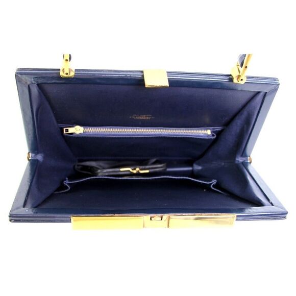 VINTAGE J. W Robinson & Co LA NAVY BLUE LEATHER FRAME HANDBAG SATCHEL POCKETBOOK - Picture 10 of 16